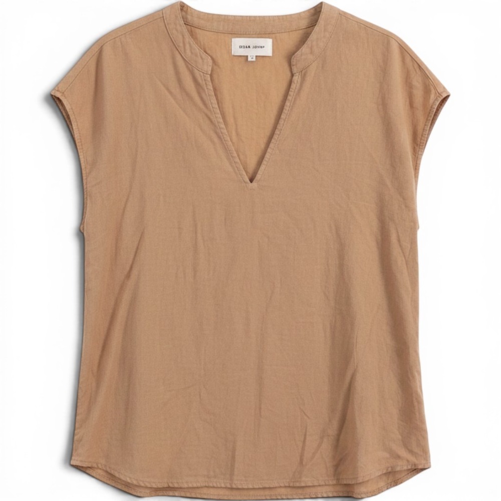 Dear John Womens Tan Linen Cotton Blend V-Neck Cap Sleeve Top XL Coastal Grandma